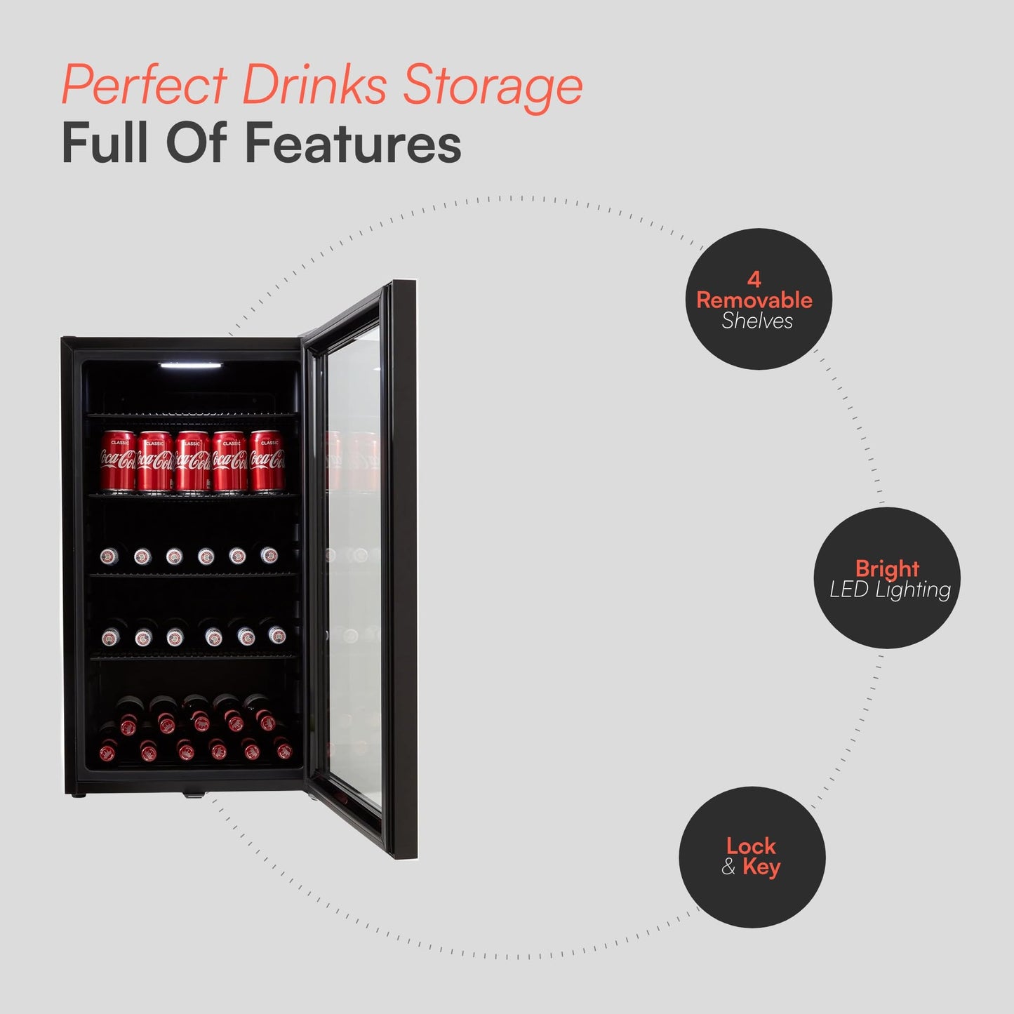 CBC98BK Under-Counter Fridge, 98 Litre Beer, Wine and Drinks Fridge with Adjustable Temperature Control, LED Light, Suitable for Cans and Bottles, Energy Efficient - in Black