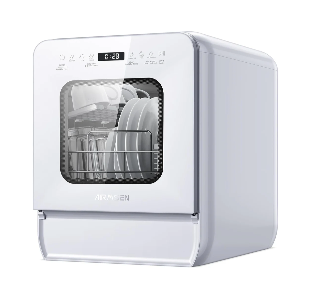 Portable Countertop Dishwasher Mini Dishwasher with 5L Tank, 9 Programs, 37 * 50cm Ultra-Narrow & Deep Design, 1-24H Delay Start & 360° Dual Spray, Hose/No-Hose Setup, White